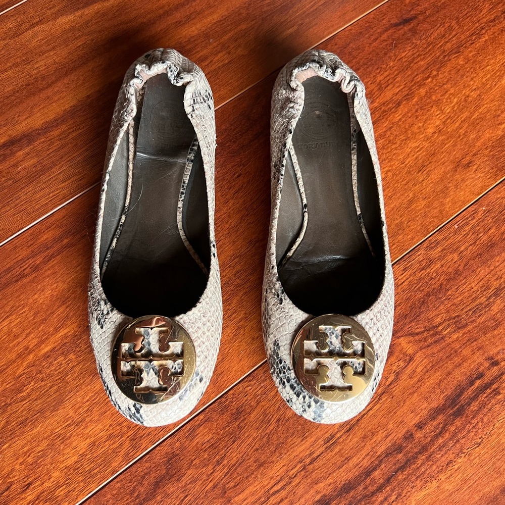 Tory Burch Reva Snake Skin flats with gold logo